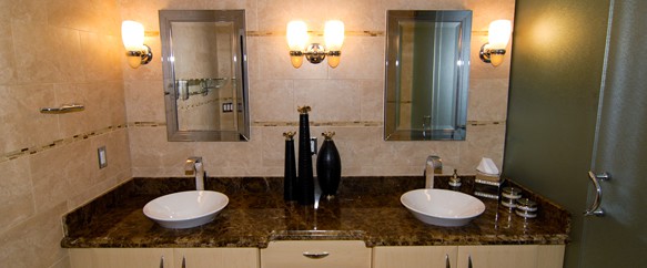 Double lavitory sink next to shower